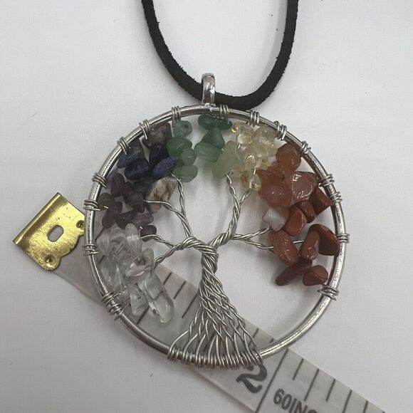 Natural Gemstone Tree Of Life Necklace Leather Chakra Healing Wire Wrap - Picture 5 of 8